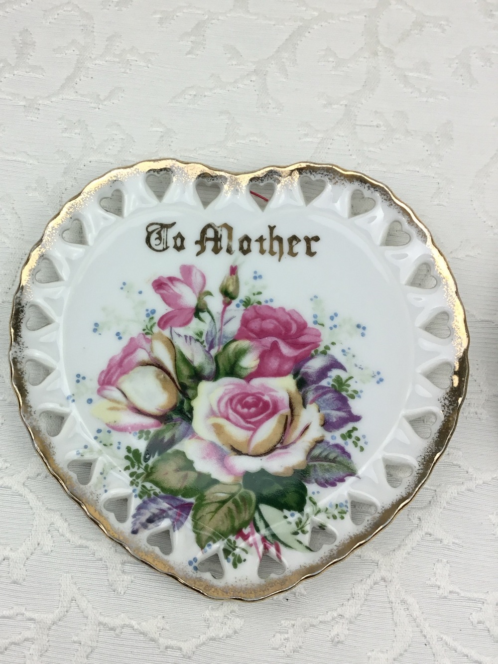 “To Mother” Heart Porcelain Trinket Dish with Pink Rose Bouquet